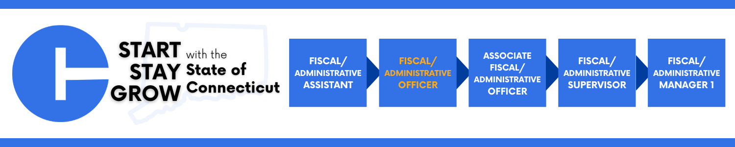  A horizontal graphic shows a large blue circle with a white “C” on the left, next to the words “Start with the State of Connecticut, Stay with the State of Connecticut, Grow with the State of Connecticut.” To the right, five blue boxes form a progression with arrows between them, listing job titles: “Fiscal/Administrative Assistant,” “Fiscal/Administrative Officer” (highlighted in yellow), “Associate Fiscal/Administrative Officer,” “Fiscal/Administrative Supervisor,” and “Fiscal/Administrative Manager 1.”